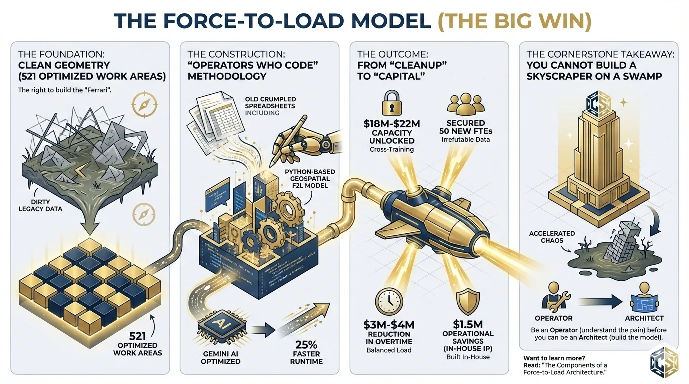 The Force-to-Load Model — from dirty legacy data to 521 optimized work areas, Python-based geospatial model, and $18M–$22M capacity unlocked