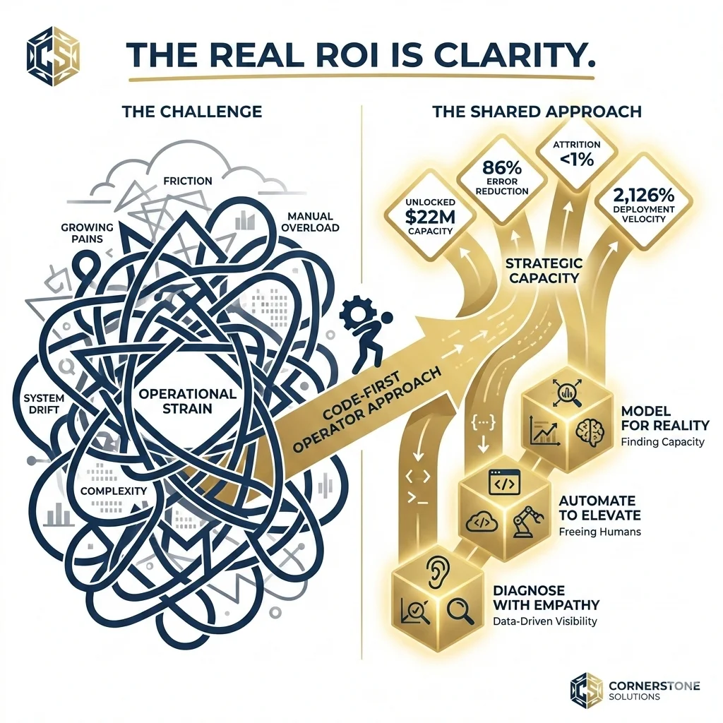 Infographic showing the three foundations of the Operator Method: Diagnose with Empathy, Automate to Elevate, and Model for Reality.