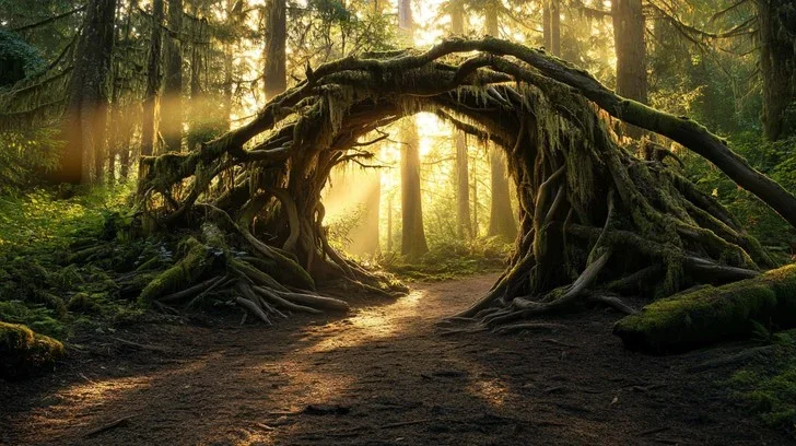 A tunnel of interwoven tree roots arching overhead with golden light at the far end — two root systems joining into one structure